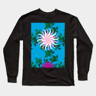 White and Pink, Cerise and Purple Flowers on a Vine Leaf and Vibrant Blue background Long Sleeve T-Shirt